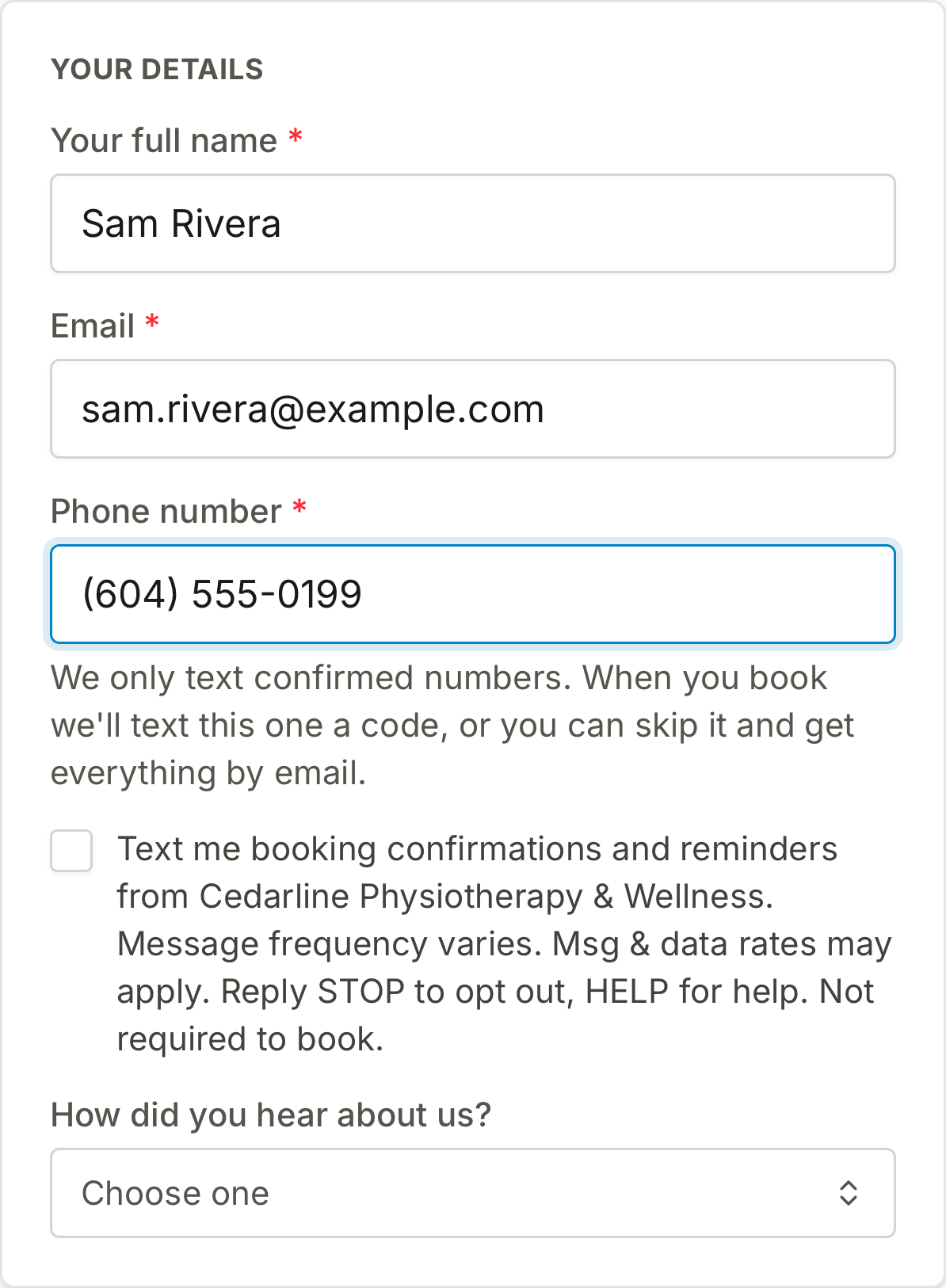 Booking page details step: name, email and phone fields, with the unticked optional box to receive appointment texts